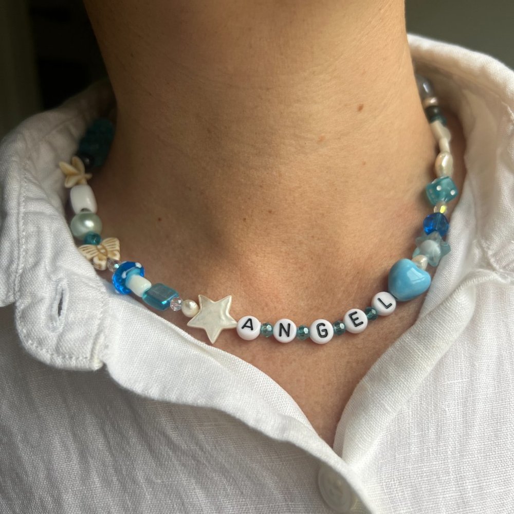 Blue Beaded Angel necklace